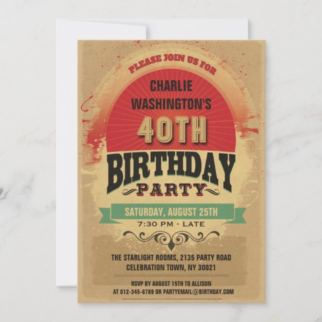 40th Birthday Vintage Typography Grunge Invitation (Front)