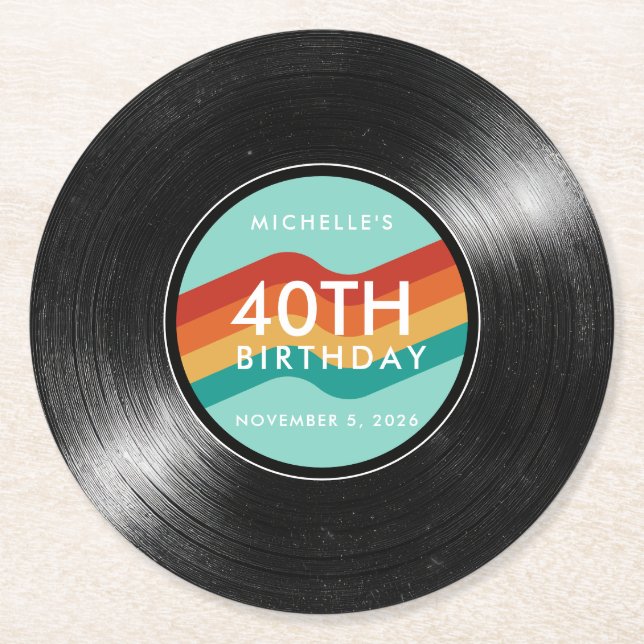 40th Birthday Vinyl Record Retro Paper Coaster (Front)