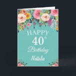 40th Birthday Watercolor Floral Flowers Teal Card<br><div class="desc">40th Birthday Watercolor Floral Flowers Teal Card with personalised name and age. For further customisation,  please click the "Customise it" button and use our design tool to modify this template.</div>