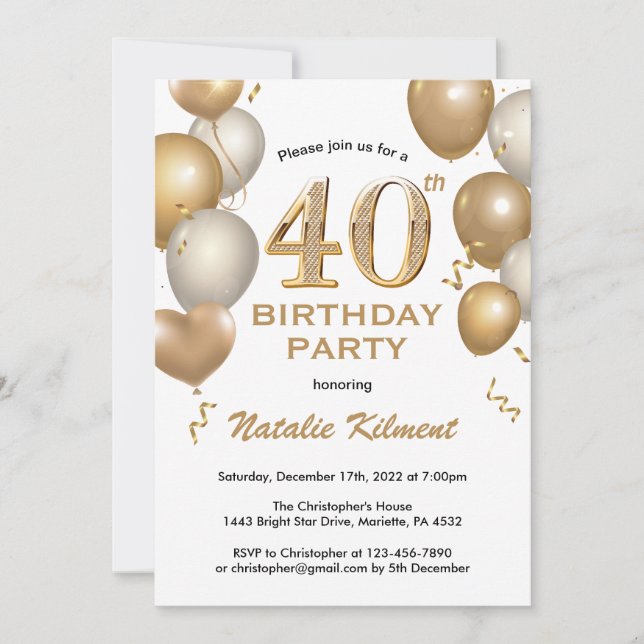 40th Birthday White and Gold Glitter Balloons Invitation (Front)