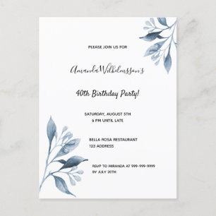 40th birthday white blue botanical invitation postcard