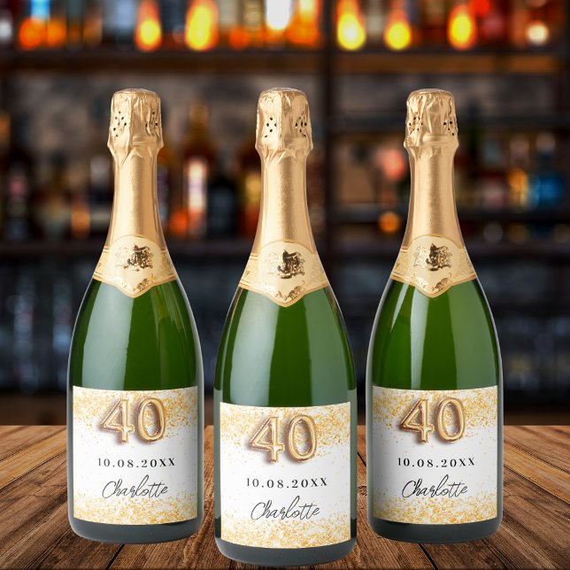 40th birthday white gold glitter name sparkling wine label (Creator Uploaded)