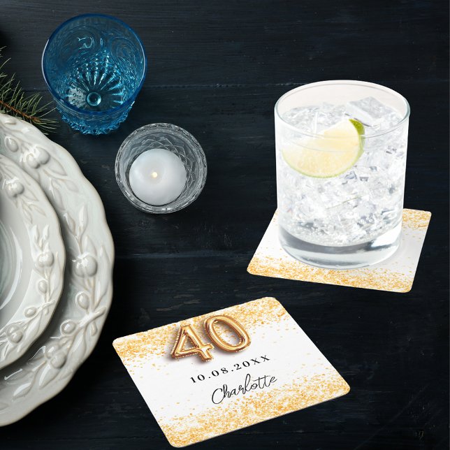 40th birthday white gold glitter name square paper coaster (Creator Uploaded)