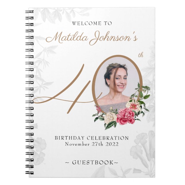 40th Birthday White Gold Guestbook Floral Photo  Notebook (Front)