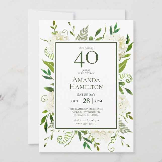 40th Birthday White Hydrangeas Invitation (Front)