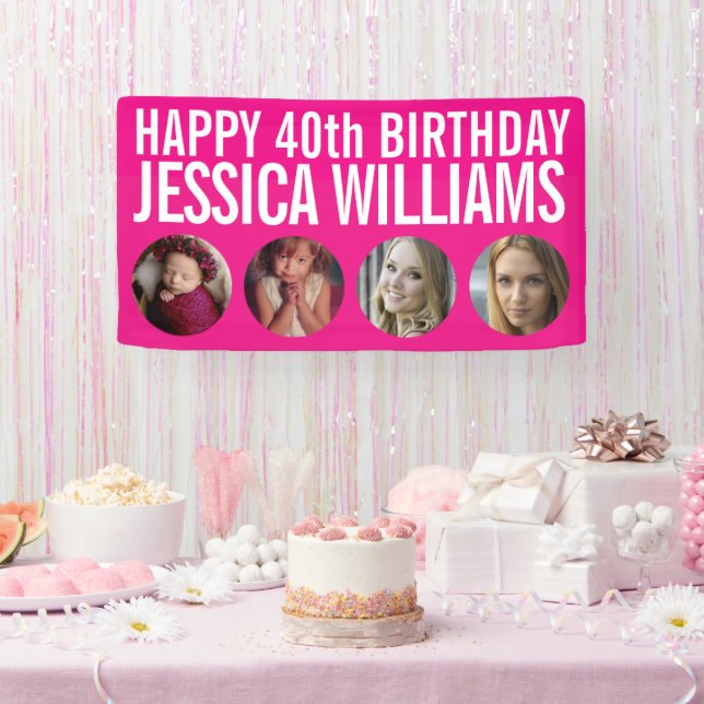 40th Birthday white pink four photo circles Banner (Party)