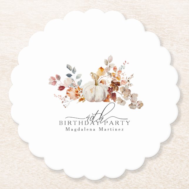 40th Birthday White Pumpkin Fall Flowers Custom Paper Coaster (Front)