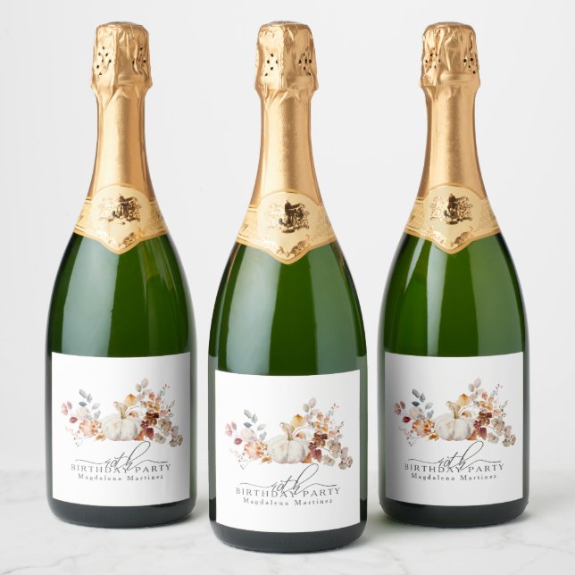 40th Birthday White Pumpkin Fall Flowers Custom Sparkling Wine Label (Bottles)
