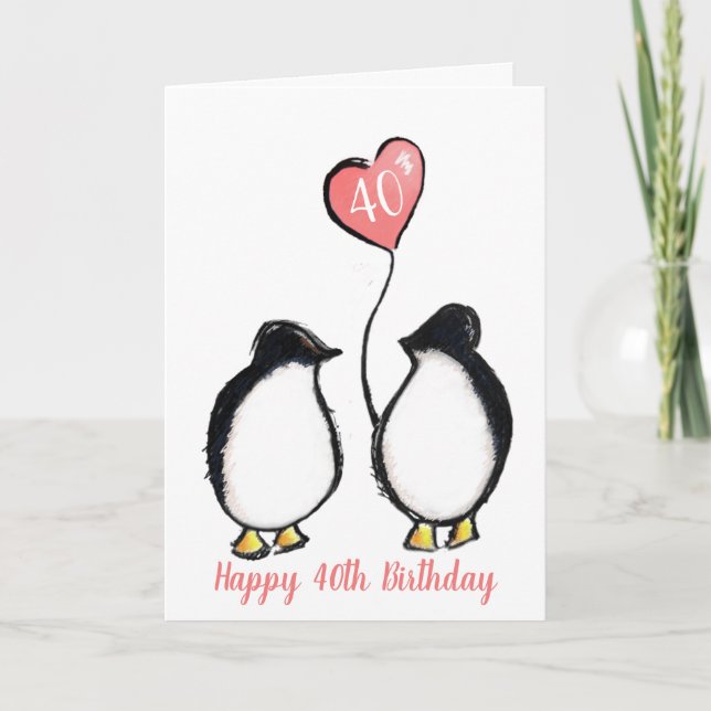 40th birthday wife/ girlfriend penguin pink heart  card (Front)