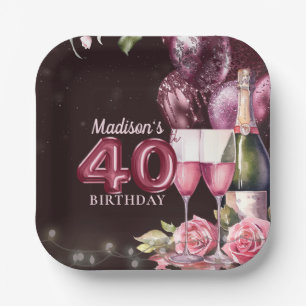 40th Birthday Wine & Balloons Personalised Paper Plate