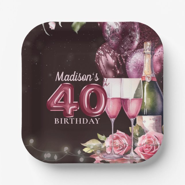 40th Birthday Wine & Balloons Personalised Paper Plate (Front)