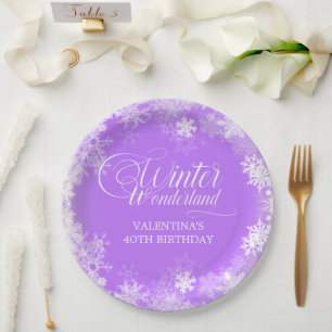 40th Birthday Winter Wonderland Snowflake Purple Paper Plate