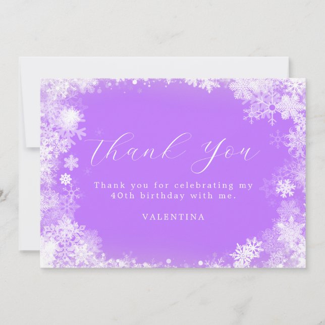 40th Birthday Winter Wonderland Snowflake Purple Thank You Card (Front)