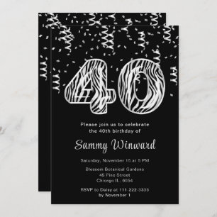 40th Birthday Zebra Print Balloons with Confetti Invitation
