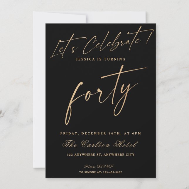 40th Black And Gold Elegant Birthday Party Invitation (Front)