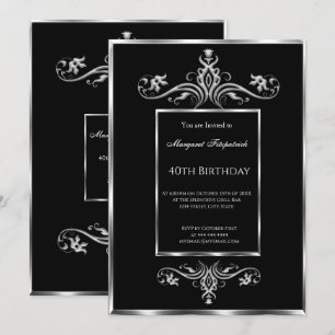 40th black silver birthday party  invitation