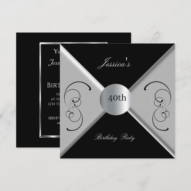 40th Black White Birthday Party Invitation (Front/Back)