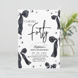 40th Black White Bow Birthday Party Invitation