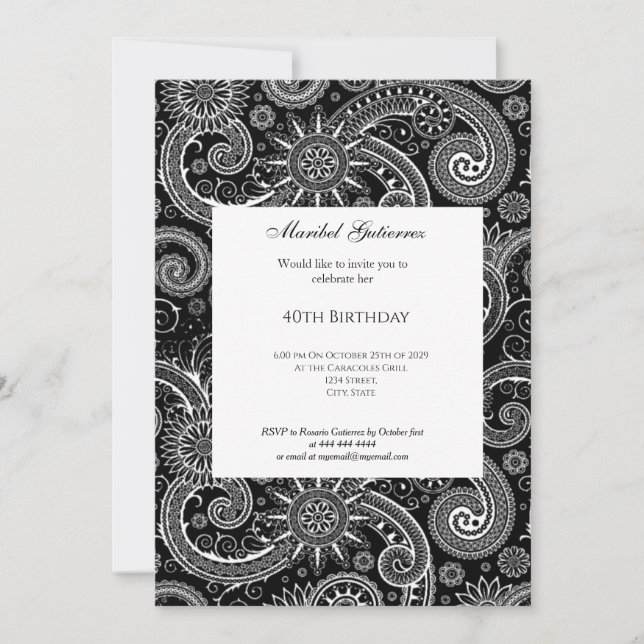 40th Black White Paisley Birthday  Invitation (Front)
