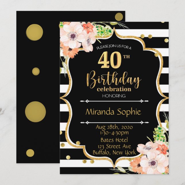 40th Black White Stripe Pink Floral Birthday Party Invitation (Front/Back)