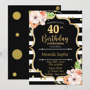 40th Black White Stripe Pink Floral Birthday Party Invitation