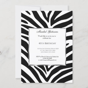 40th Black White Zebra Birthday  Invitation