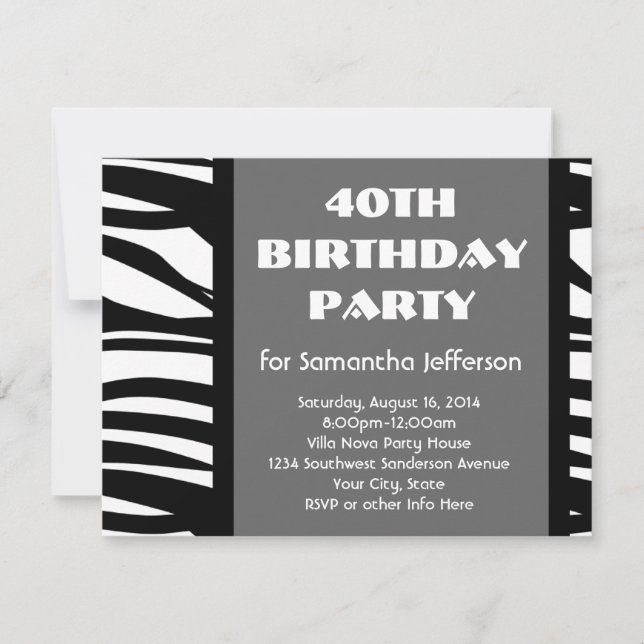 40th Black+White Zebra Invitations (Front)