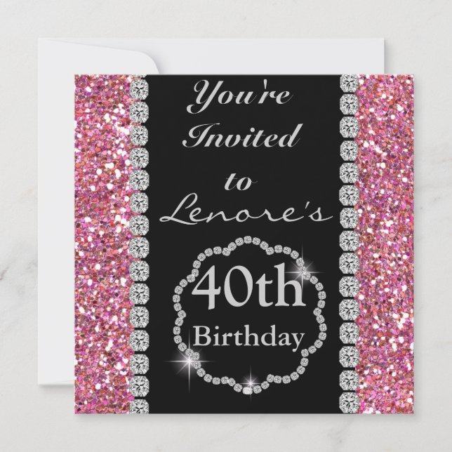 40th BLING Birthday Party Invitation PINK (Front)