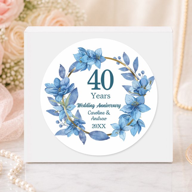 40th Blue Floral Ruby Wedding Anniversary  Classic Round Sticker (Creator Uploaded)