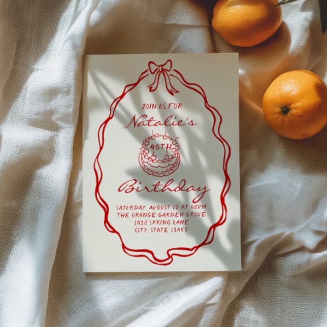 40th Bow Hand Drawn Coquette Cake Birthday Invitation (Creator Uploaded)