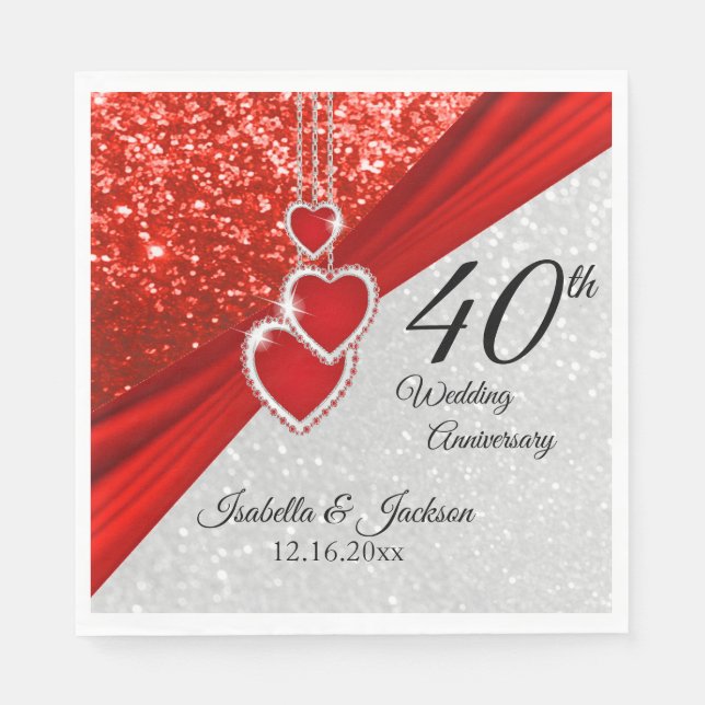 40th Bright Red and Glitter Anniversary / Wedding  Napkin (Front)