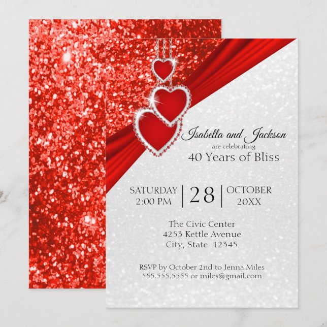 40th Bright Red Glitter Anniversary Design  Invitation (Front/Back)