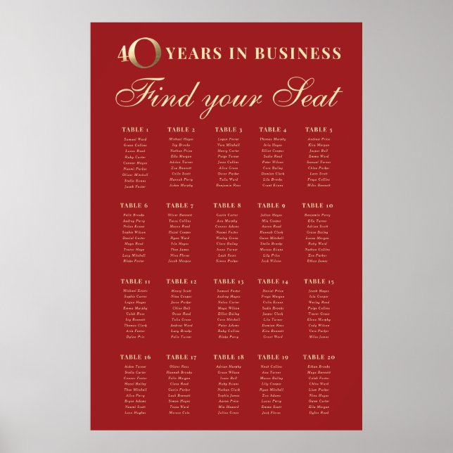 40th Business Anniversary Seating Chart Sign (Front)