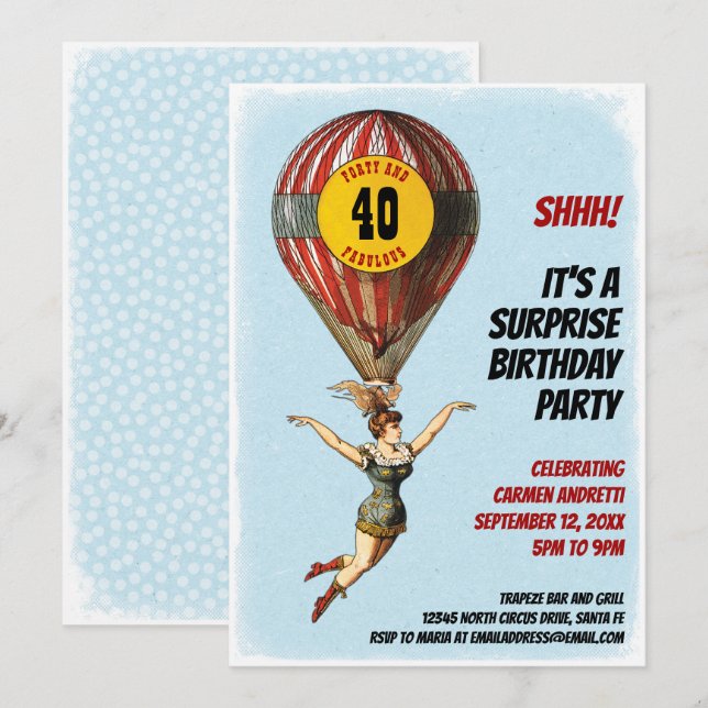 40th Circus Balloon Girl with Dots Invitation (Front/Back)