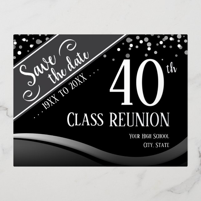 40th Class Reunion Elegant black Foil Holiday Postcard (Front)