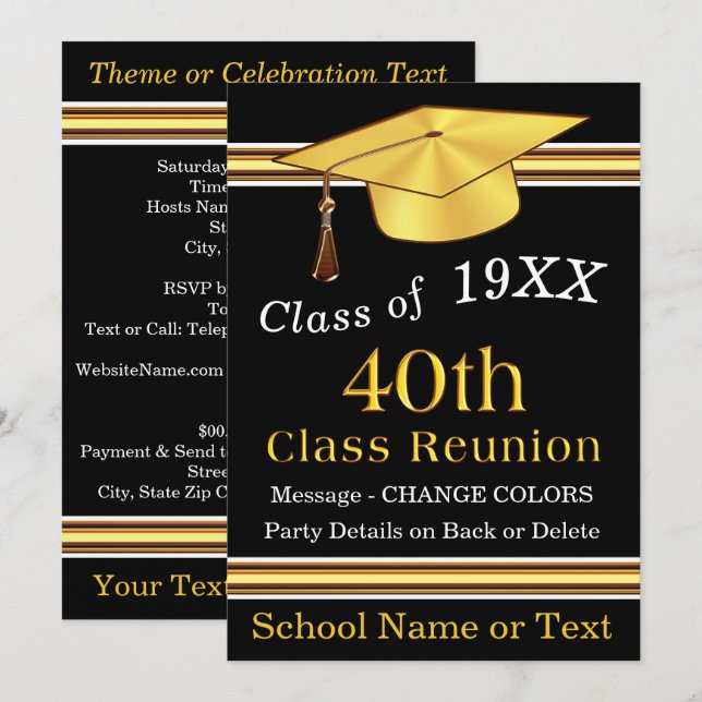 40th Class Reunion Invitations, Black, Gold, White Invitation (Front/Back)