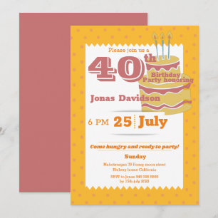 40th colourful retro mustard pink Birthday party Invitation
