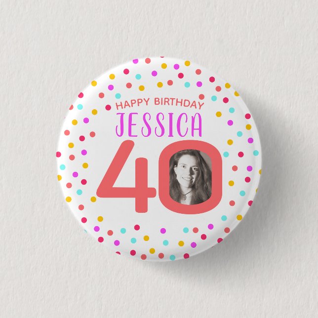 40th custom photo colourful coral confetti 3 cm round badge (Front)