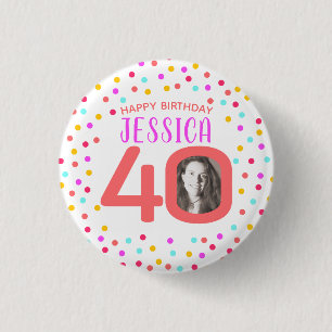 40th custom photo colourful coral confetti 3 cm round badge