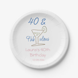 40th & fabulous blue birthday name date martini g paper plate