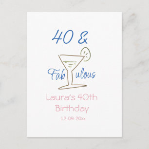 40th & fabulous blue birthday name date martini g postcard