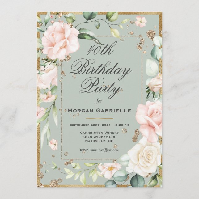 40th Fortieth 40 Forty Female Birthday Floral  Invitation (Front)