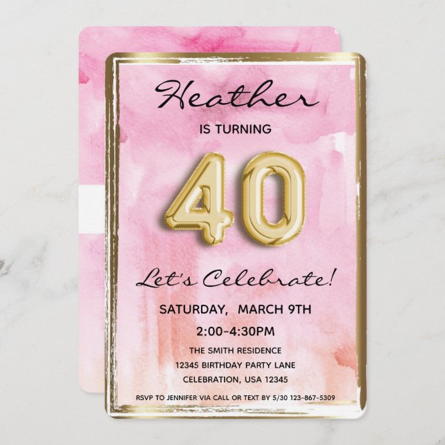 40th Girl Birthday Pink and Gold Invitation (Front/Back)