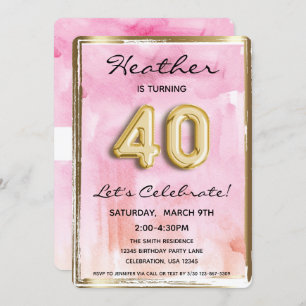 40th Girl Birthday Pink and Gold Invitation