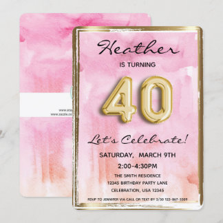 40th Girl Birthday Pink and Gold Invitation