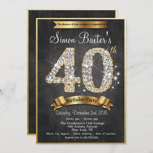 40th Gold Diamond Chalkboard Birthday Invitation (Front/Back)