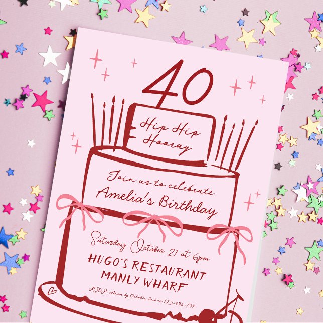 40th Hand Drawn Contemporary Funky Cake Pink Bow  Invitation (Creator Uploaded)