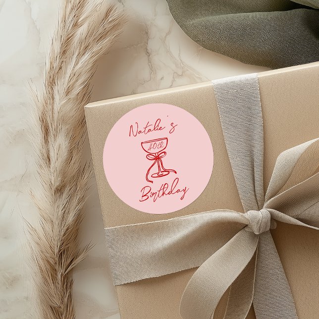 40th Hand Drawn Pink Bow Champagne Glass Birthday  Classic Round Sticker (Creator Uploaded)