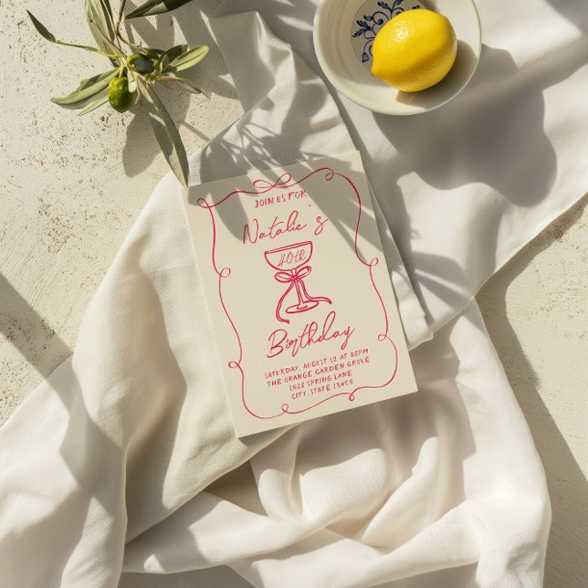 40th Hand Drawn Pink Bow Champagne Glass Birthday  Invitation (Creator Uploaded)