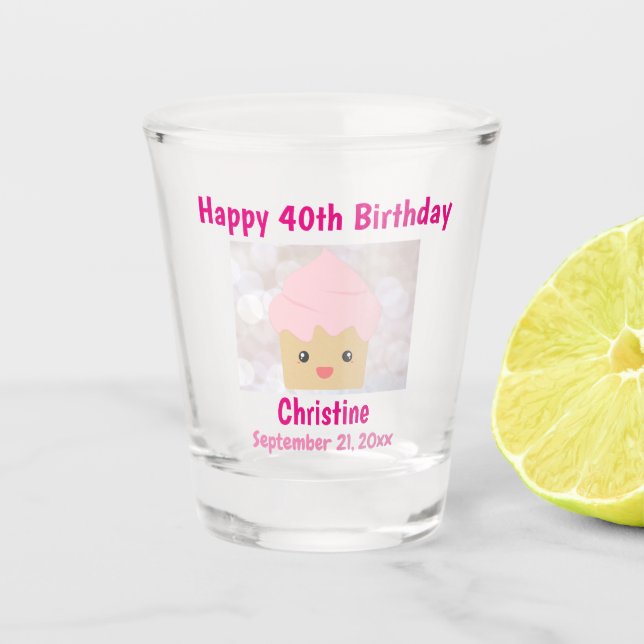 40th Happy Birthday Cute Pink Cupcake Souvenir Shot Glass (Front)